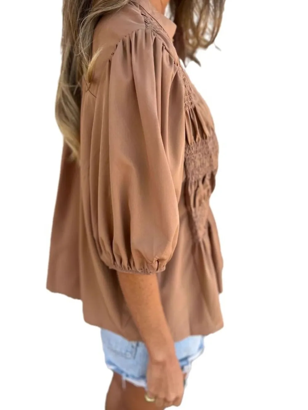 Full Size Smocked Puff Sleeve Blouse Plus Size, image 4