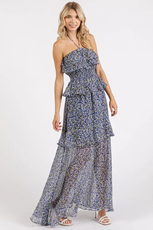 Ruffled Smocked Floral Halter Neck Maxi Dress, image 4