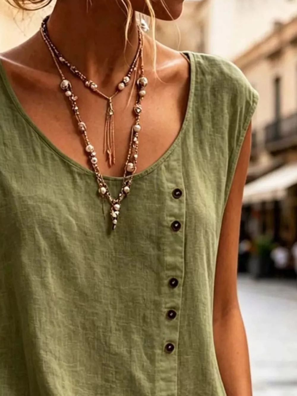 Full Size Round Neck Decor Button Tank Plus Size, image 4
