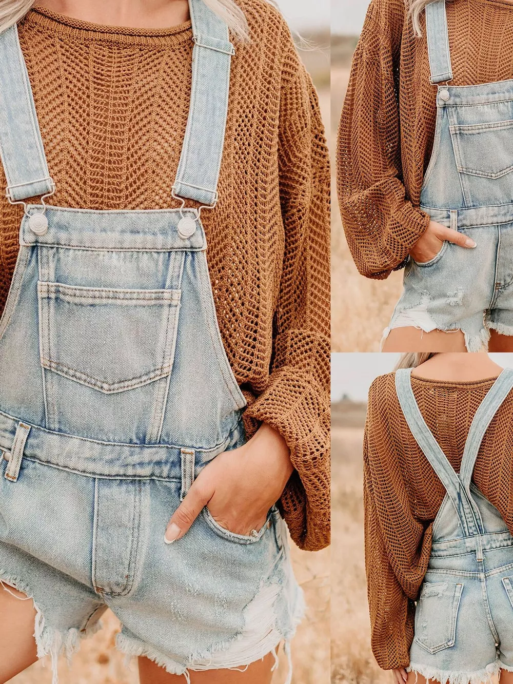 Distressed Denim Overalls Shorts, image 4
