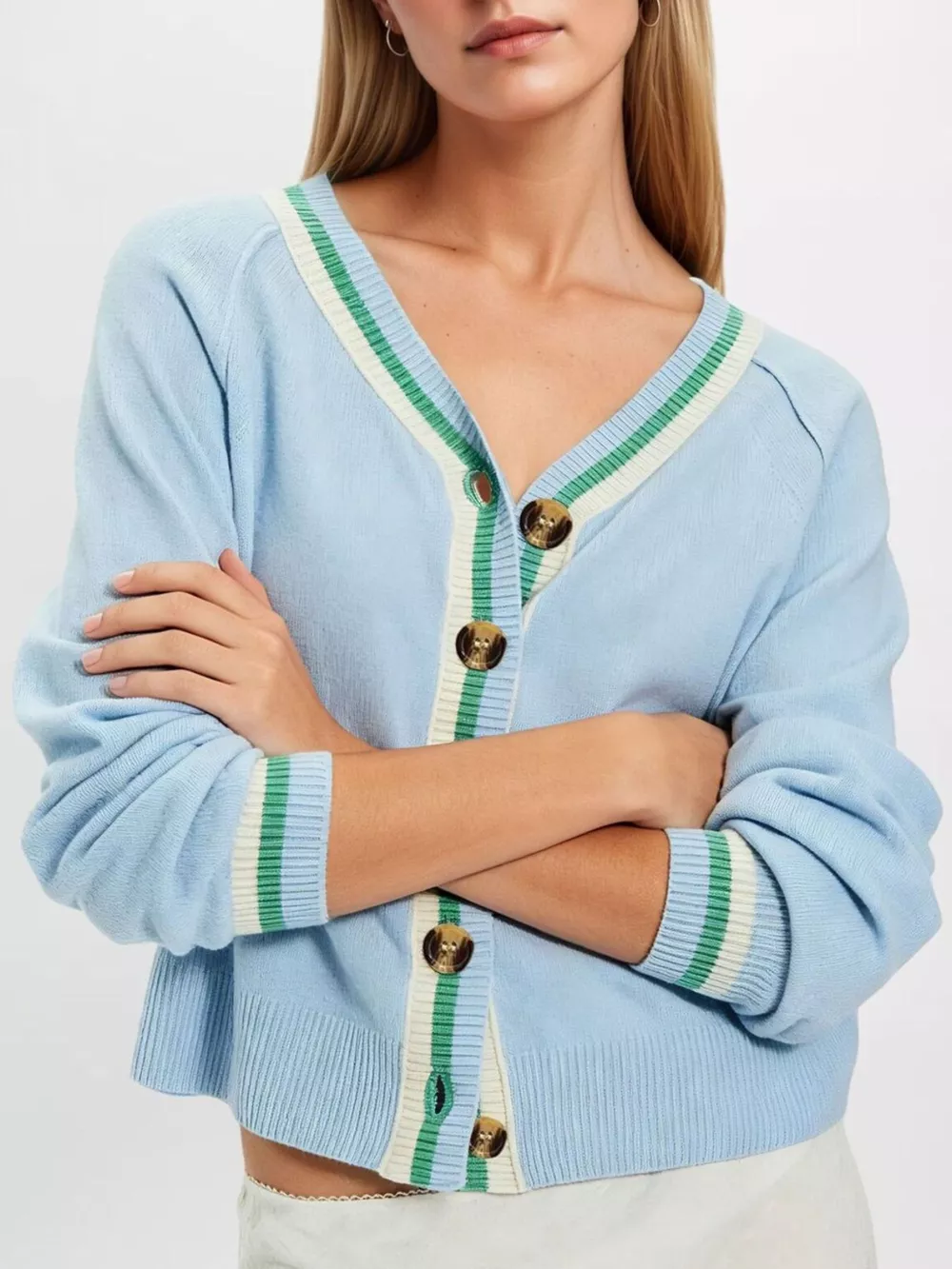 Striped Trim Button-Down Cardigan, image 4