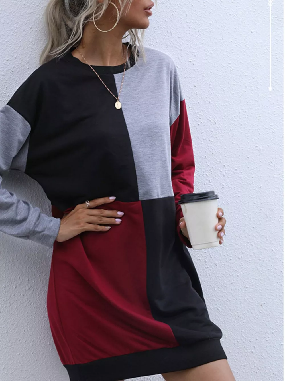 Color Block Casual Long Sleeve Mini Dress, image 3