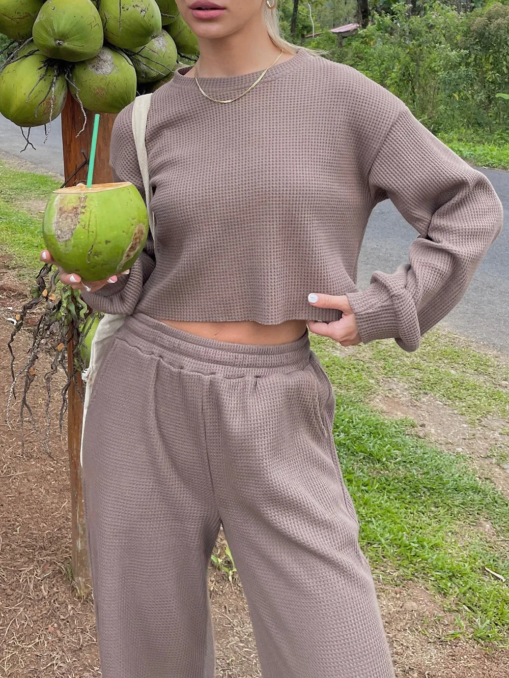 Waffle-Knit Round Neck Top and Pants Set, image 19
