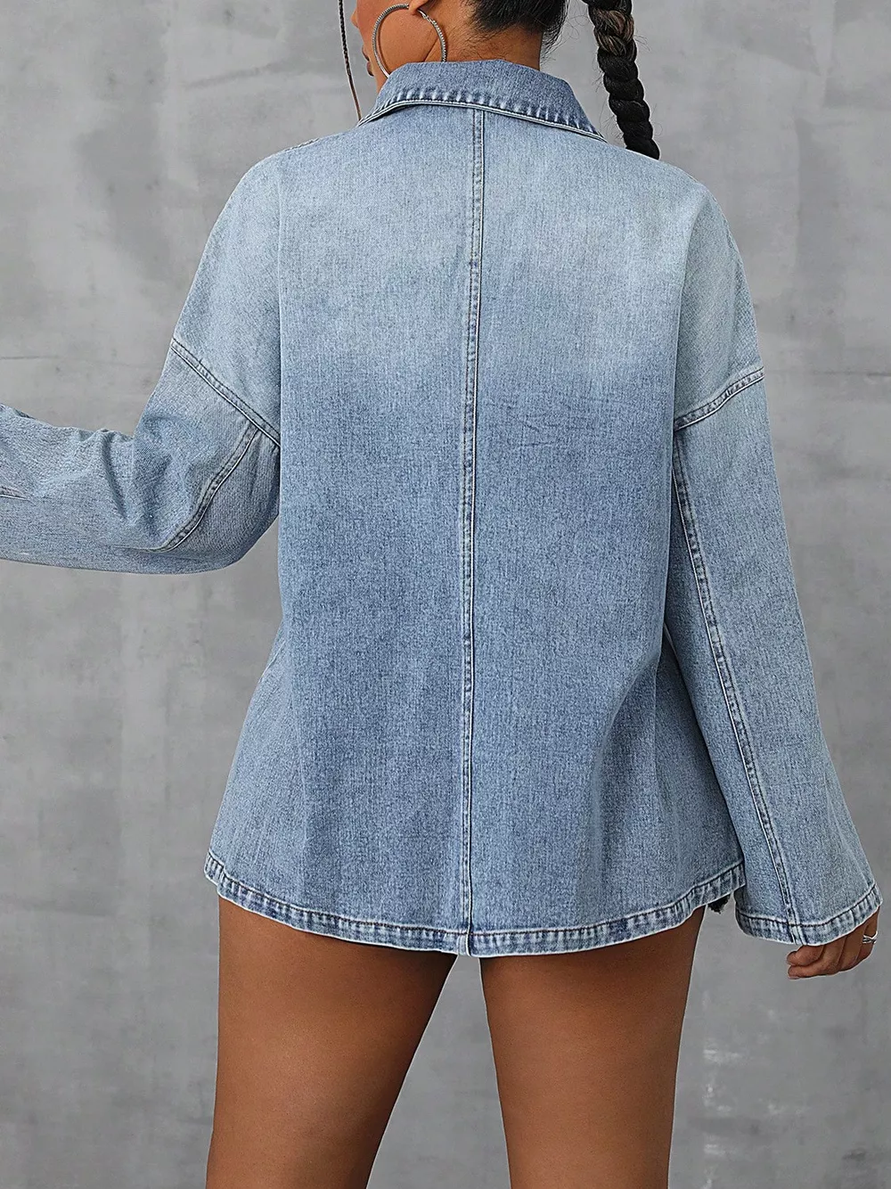 Collared Neck Drop Shoulder Denim Top, image 4