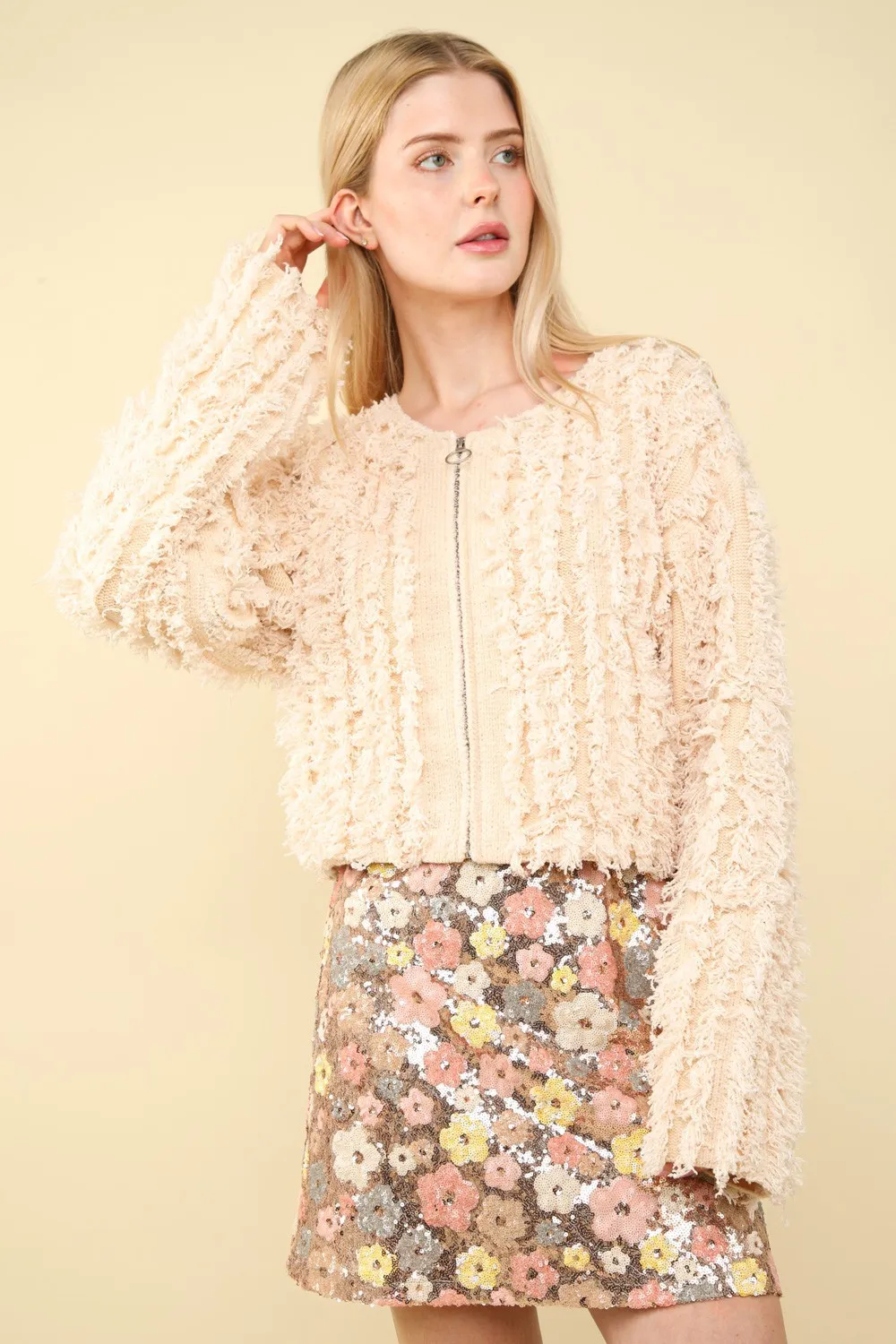 Shaggy Yarn Knit Zip Up Jacket, image 3
