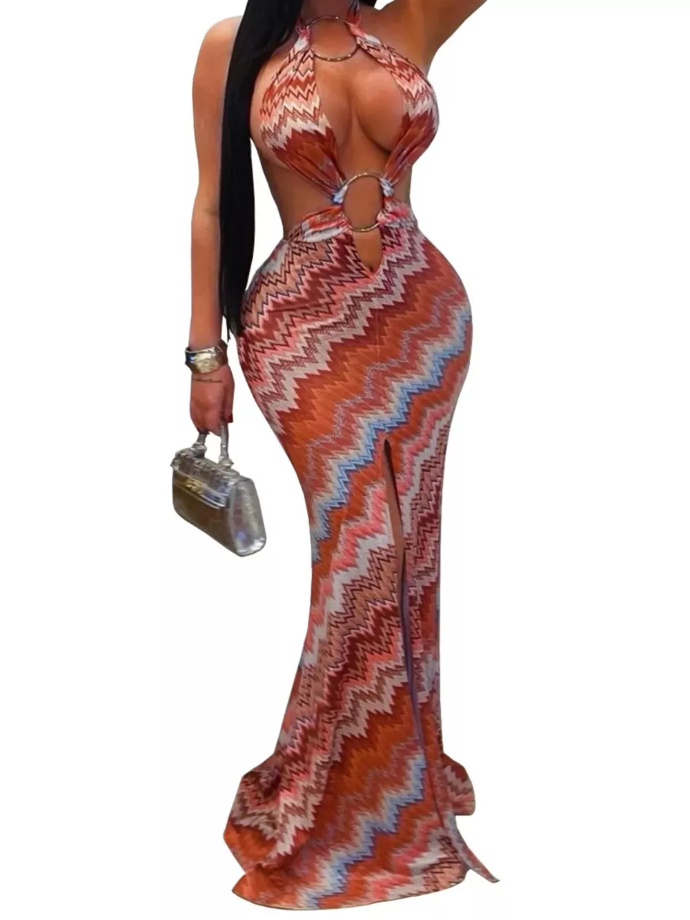 Chevron Print Halter Neck Cut-Out Maxi Dress, image 3