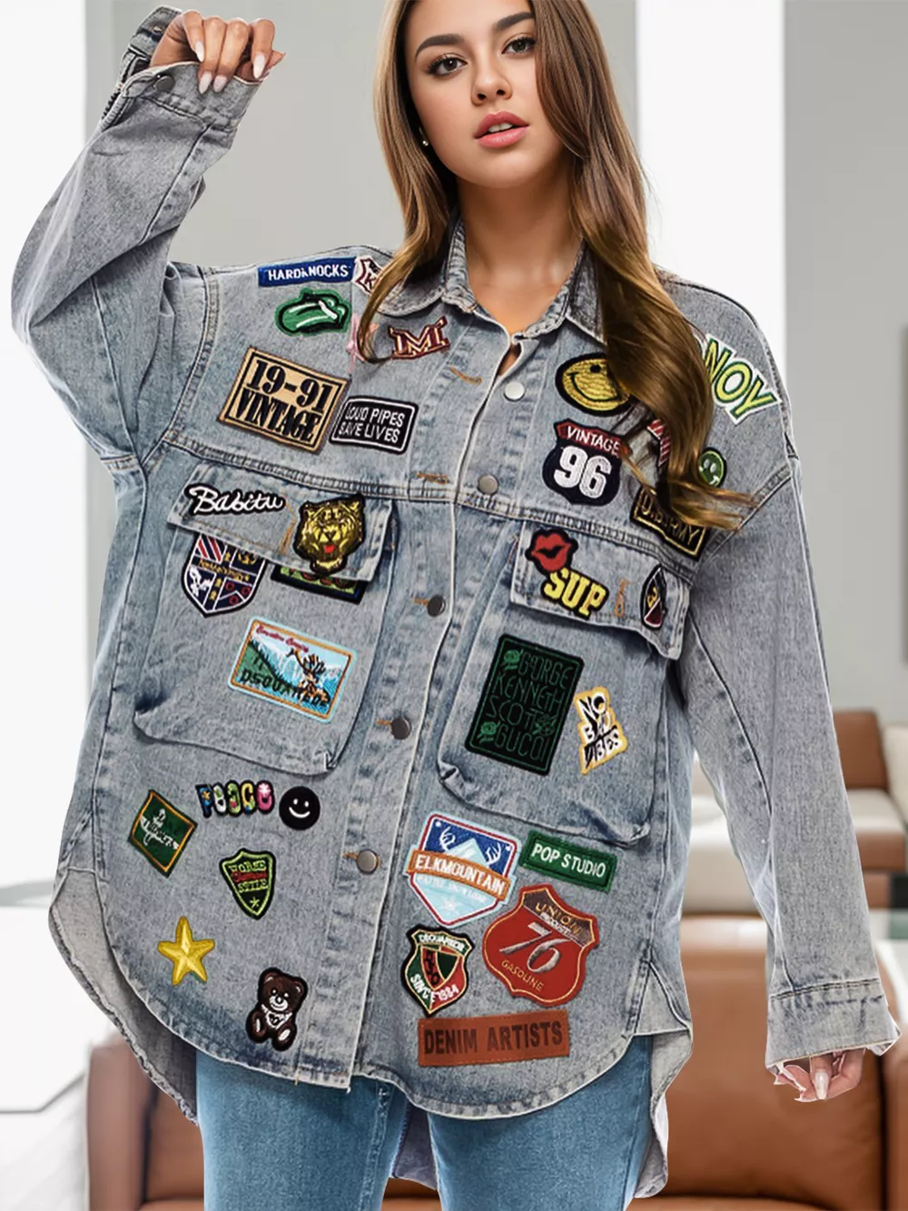 Embroidered Patch Button Up Long Sleeve Denim Jacket, image 4