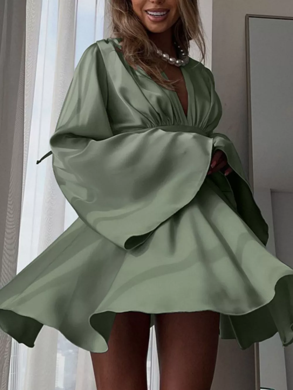 V-Neck Satin Mini Dress with Flowy Sleeves, image 3