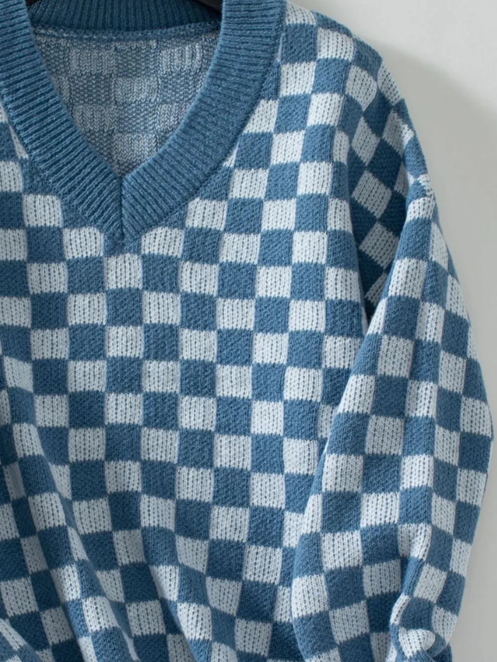 Checkered V-Neck Dropped Shoulder Sweater, image 10