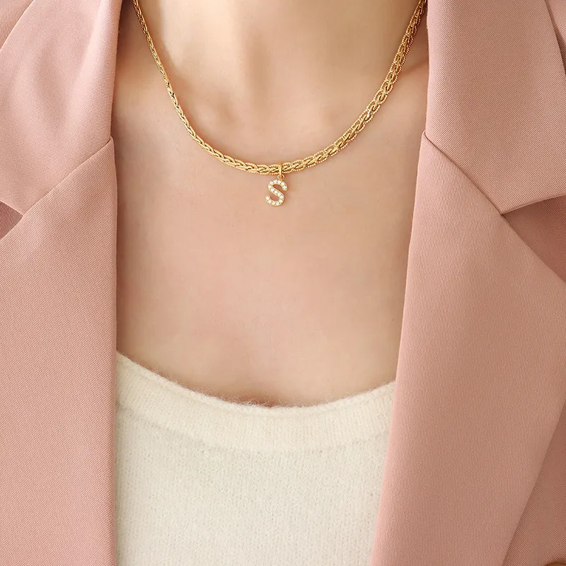 Brass Inlaid Zircon Letter Pendant Necklace, image 5