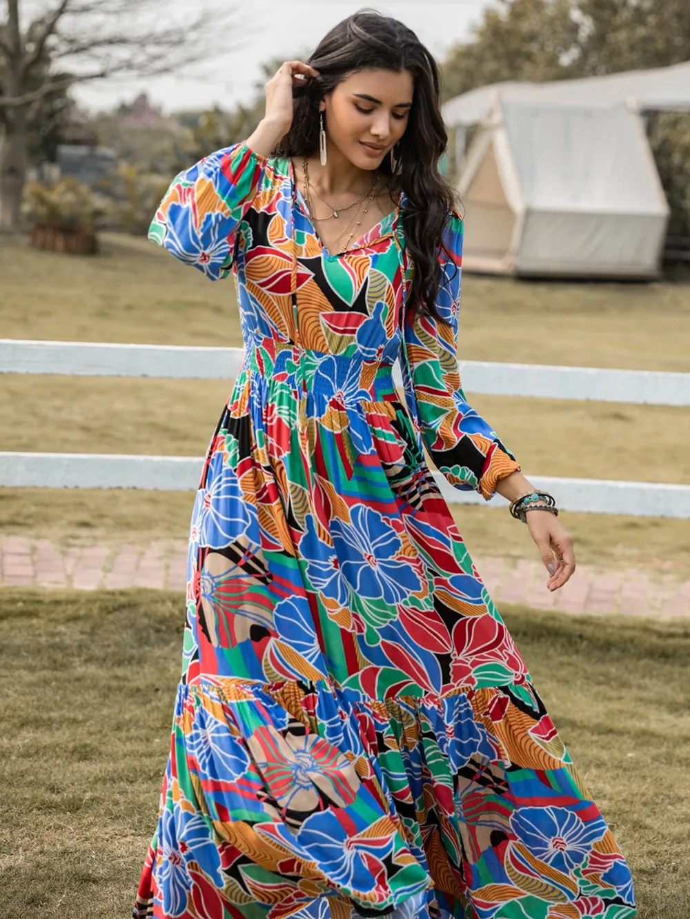 Printed Smocked Tie Neck Balloon Sleeve Maxi Dress, image 5