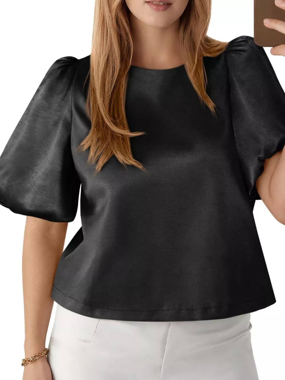Round Neck Puff Sleeve Satin Top, image 16