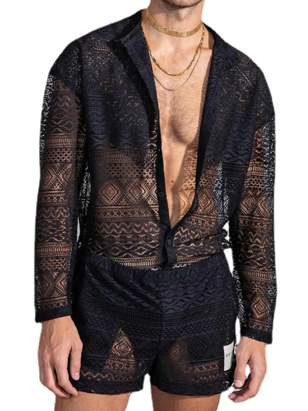 Men's Full Size Lace Button Down Top and Shorts Set Plus Size, image 7