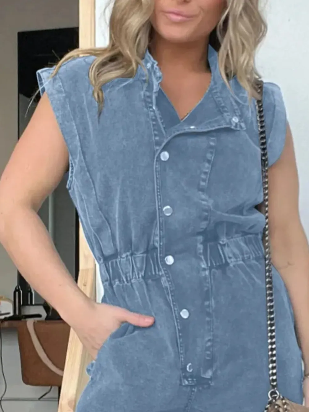 Full Size Button Front Cap Sleeve Denim Jumpsuit Plus Size, image 13