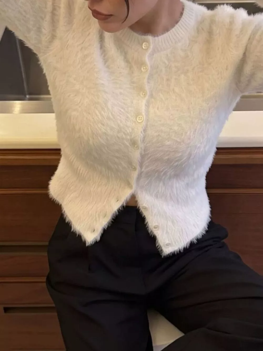 Soft Fuzzy Button-Down Cropped Cardigan, image 2