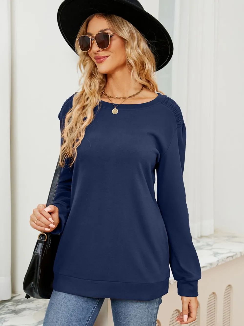 Ruched Shoulder Round Neck Long Sleeve Sweatshirt, image 16