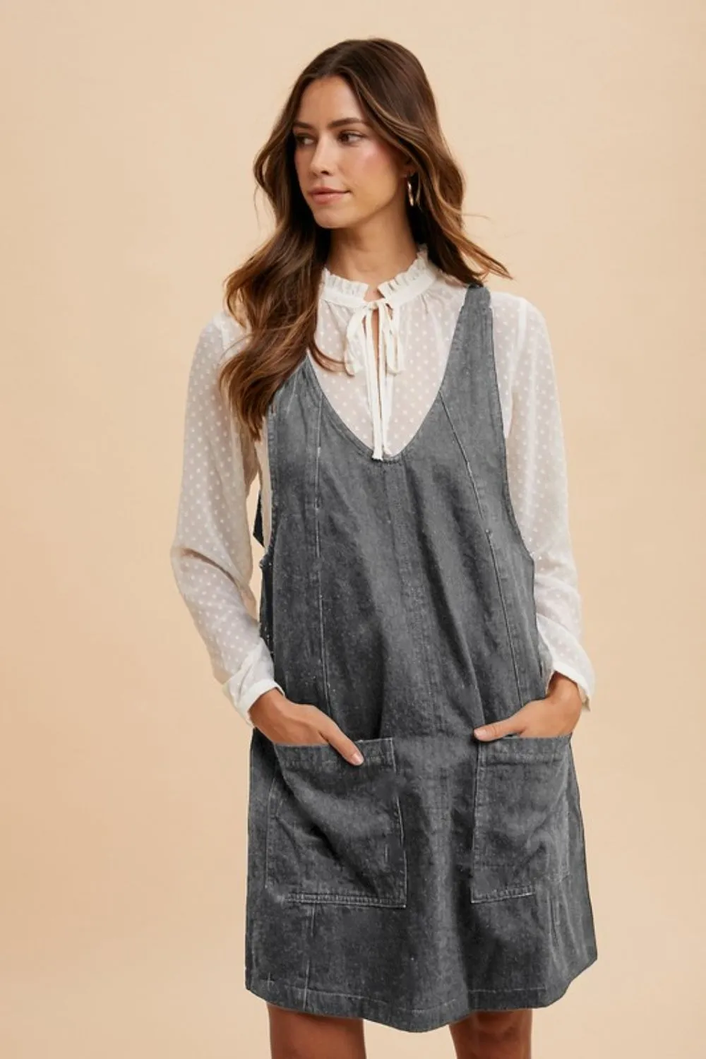 V-Neck Adjustable Strap Denim Overall Dress with Pockets