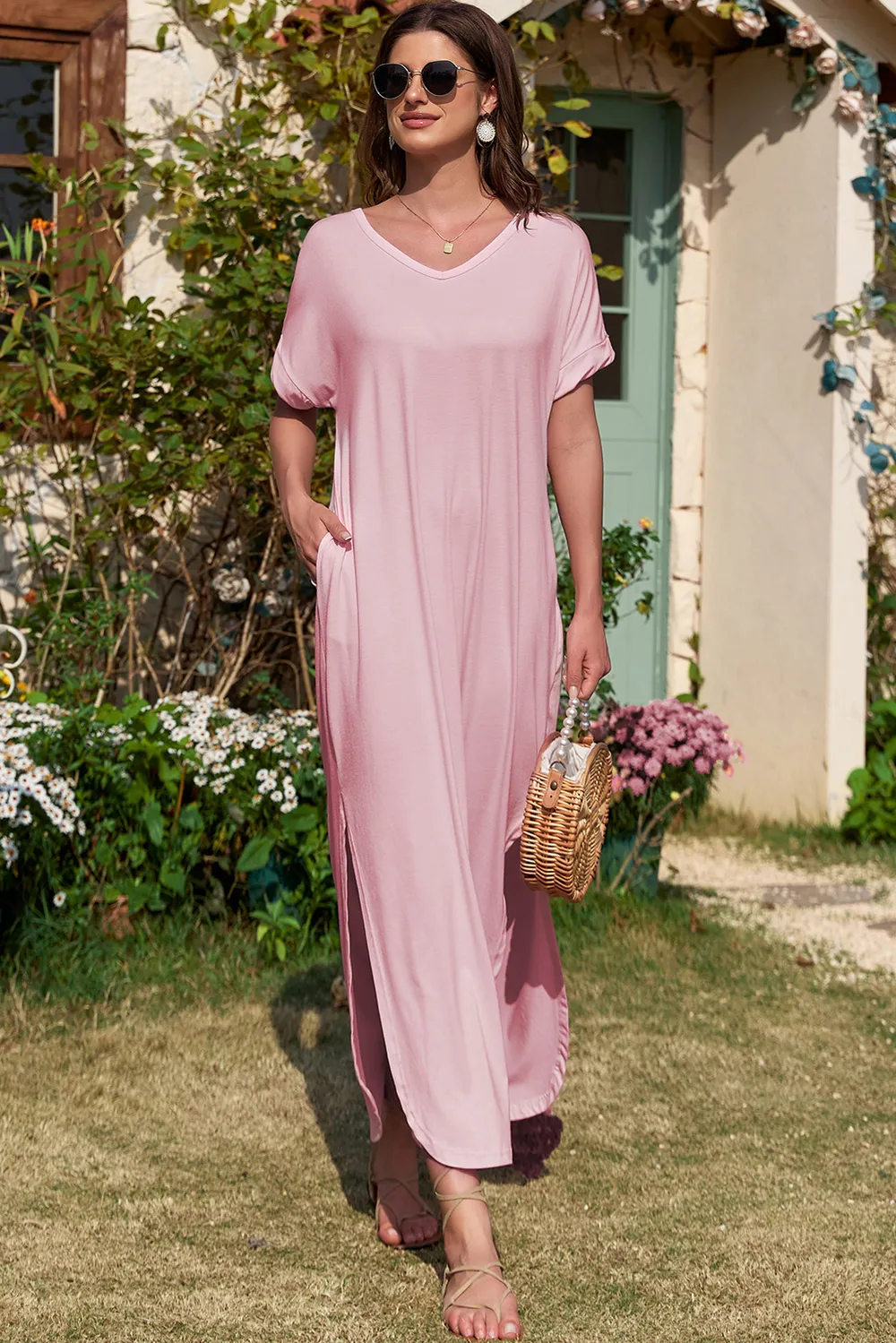 Slit Pocketed V-Neck Short Sleeve Dress, image 3