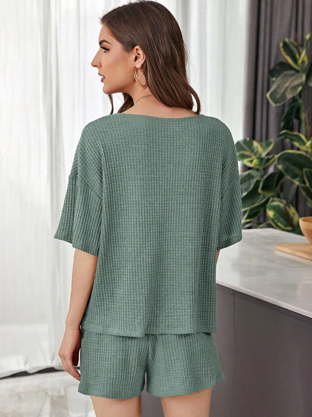 Full Size Waffle-Knit Dropped Shoulder Top and Shorts Set, image 15