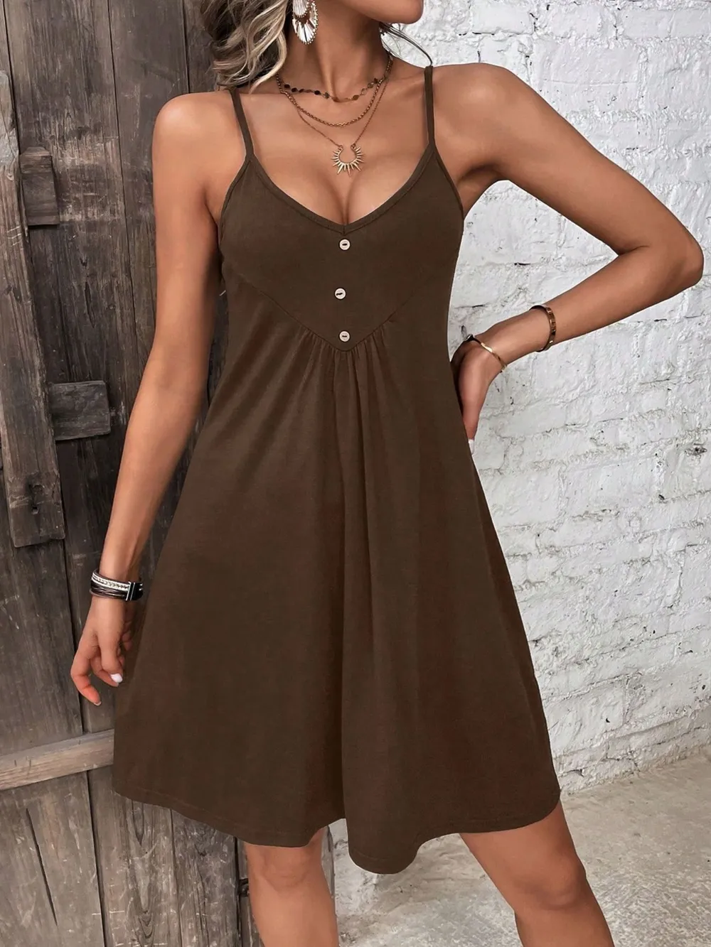 Decorative Button Scoop Neck Mini Cami Dress, image 15