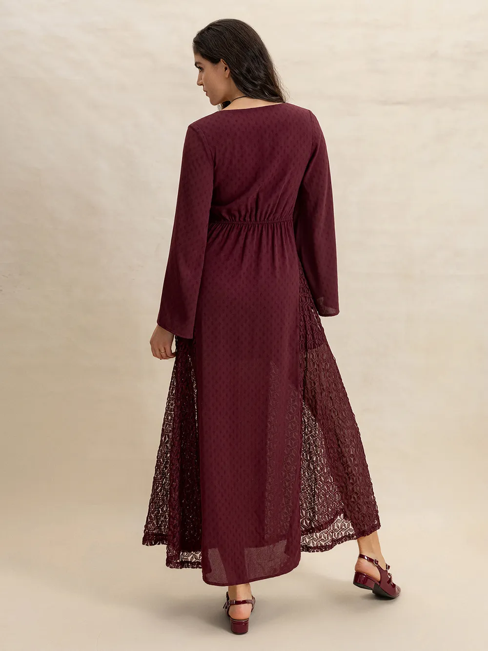 Lace Patchwork V-Neck Long Sleeve Midi Dress, image 5