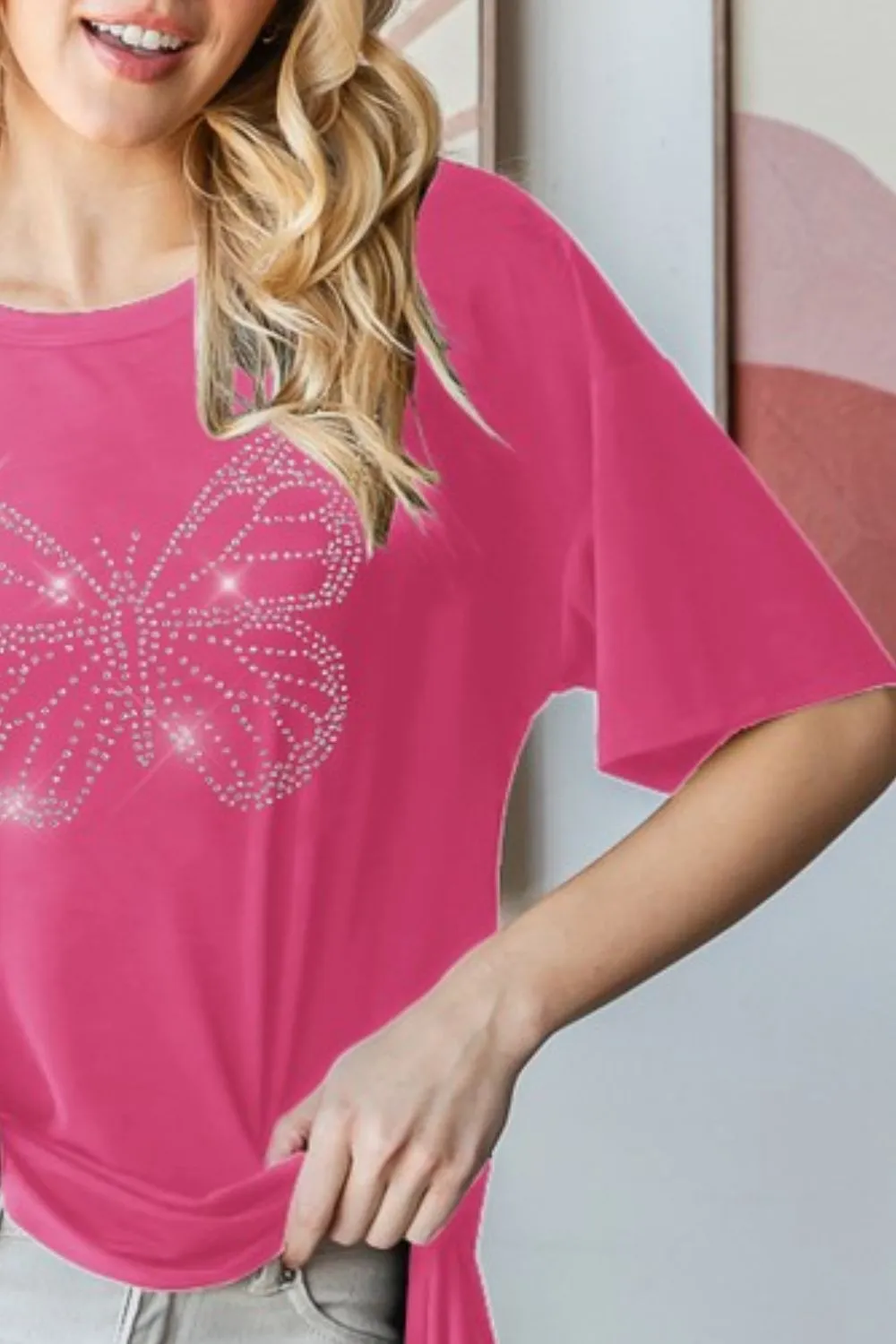 Full Size Rhinestone Butterfly Round Neck Short Sleeve T-Shirt Plus Size, image 3