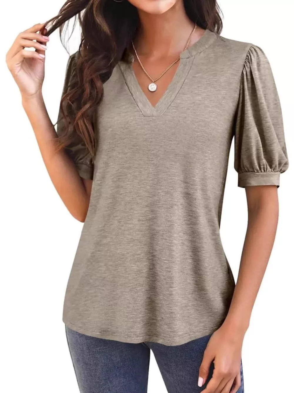 Puff Sleeve Notched Casual T-Shirt