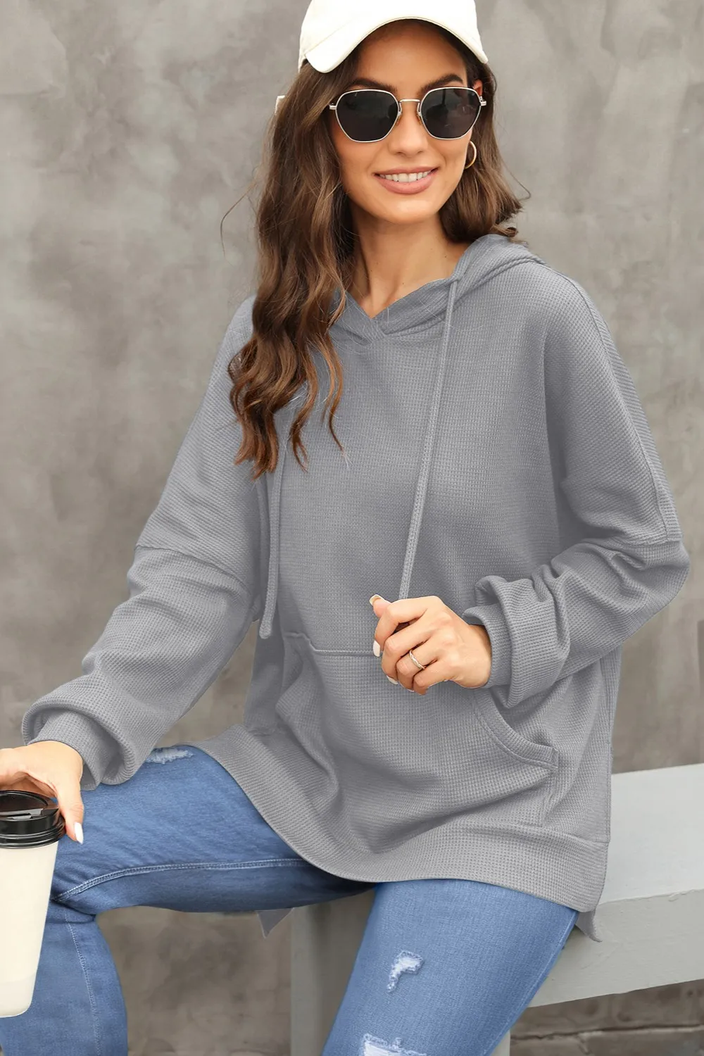 Waffle-Knit Long Sleeve Hoodie, image 3