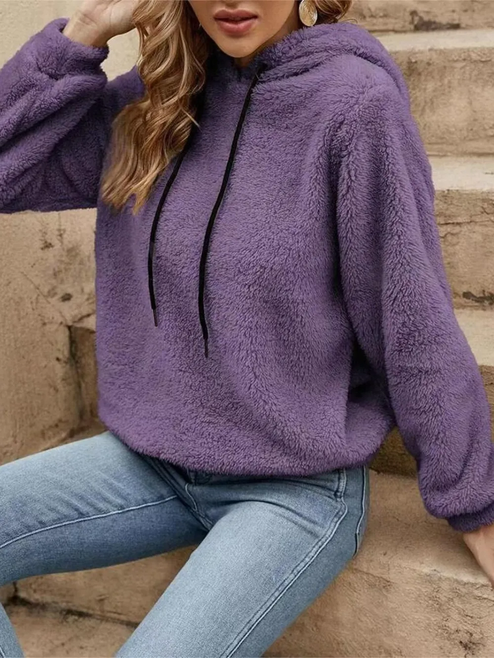 Drawstring Long Sleeve Fuzzy Hoodie, image 2