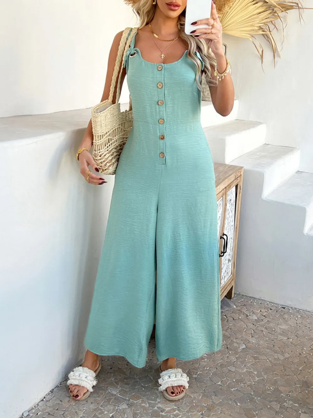 Button Front Knotted Strap Wide Leg Jumpsuit, image 18