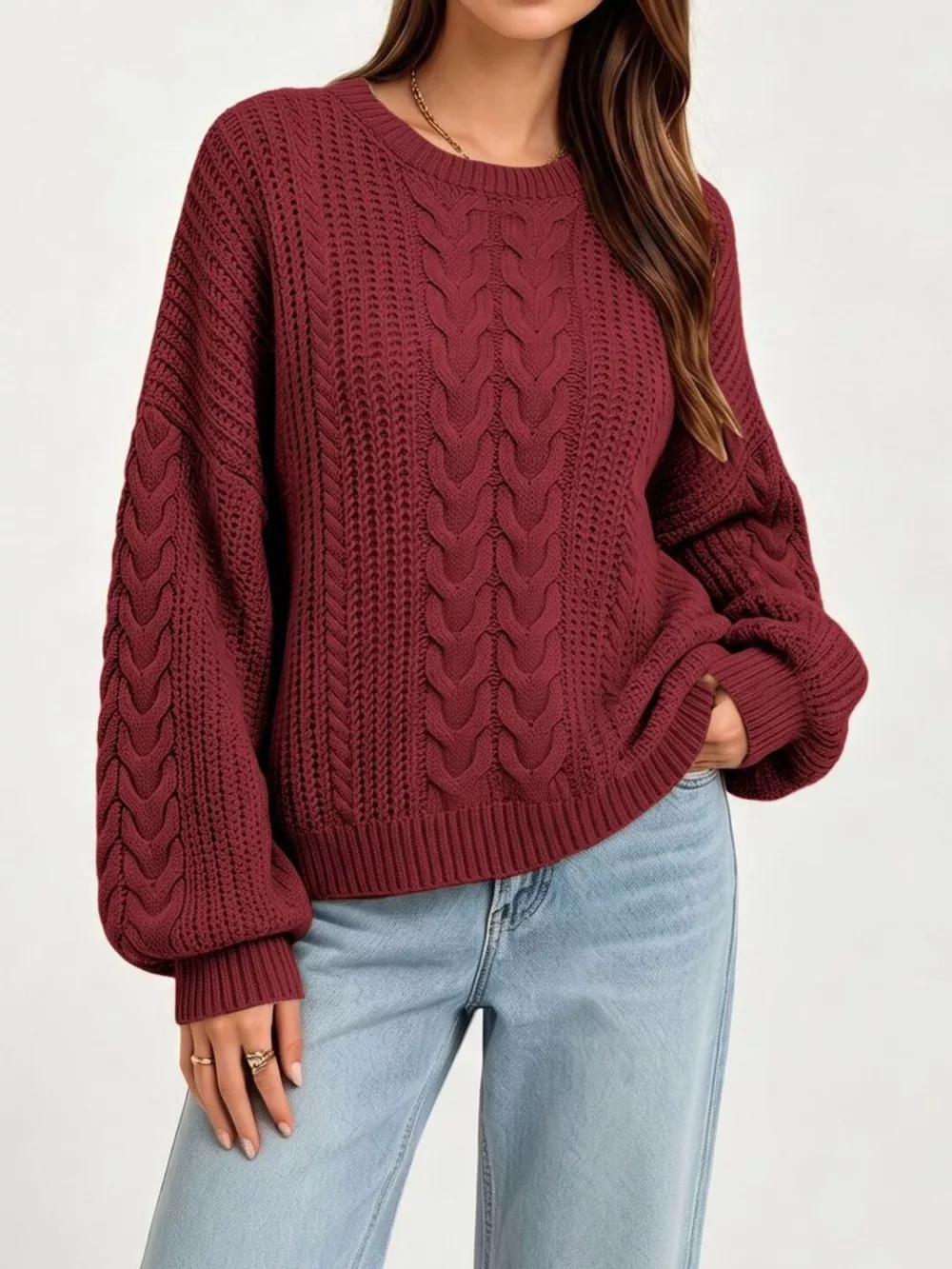 Chunky Cable Knit Round Neck Sweater, image 5