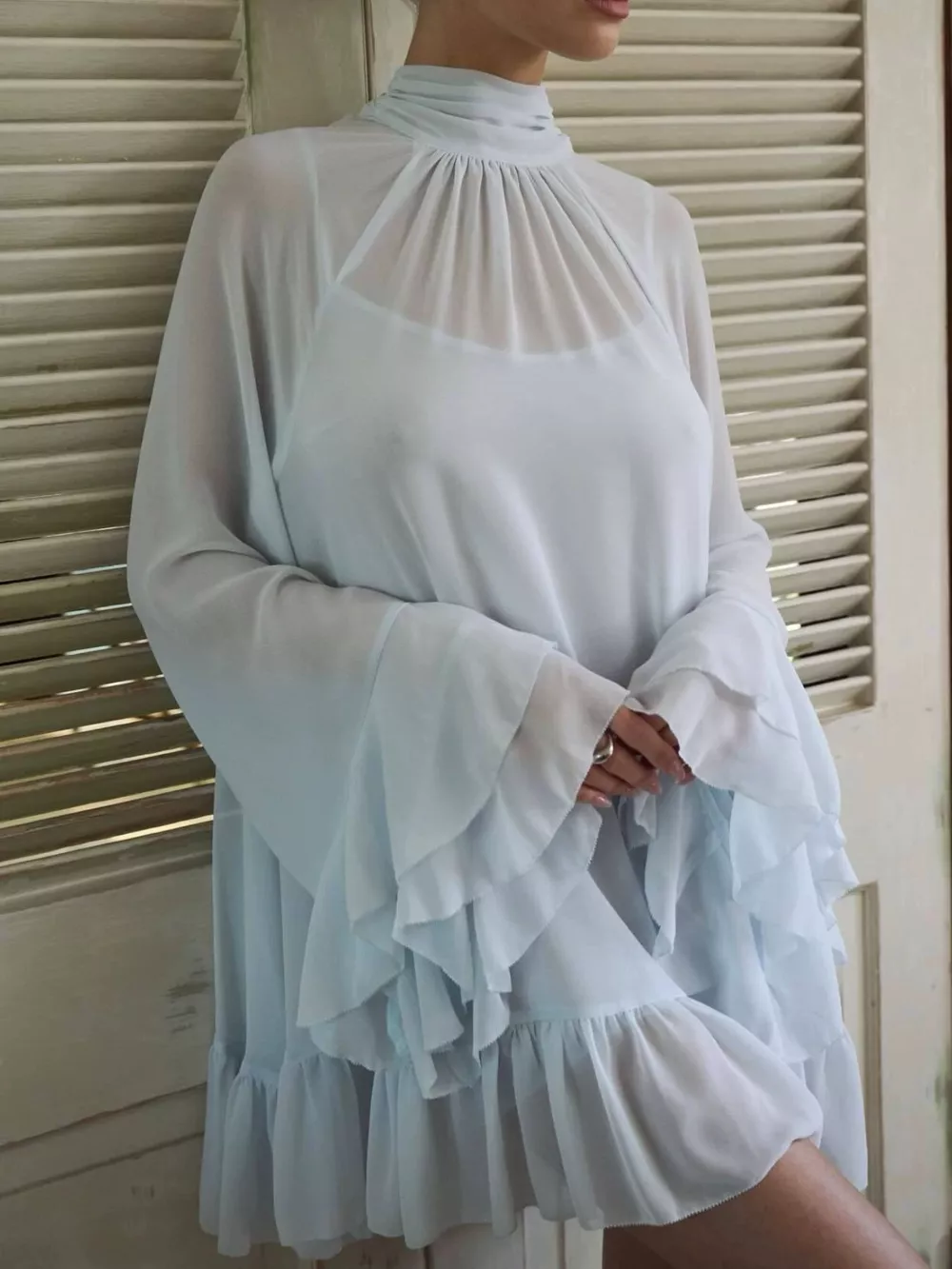 Sheer Mock Neck Flare Sleeve Dress, image 3
