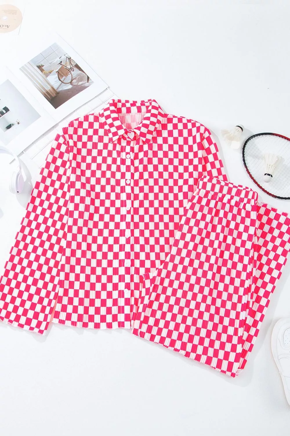 Checkerboard Print Long Sleeve Top and Pants Set, image 4