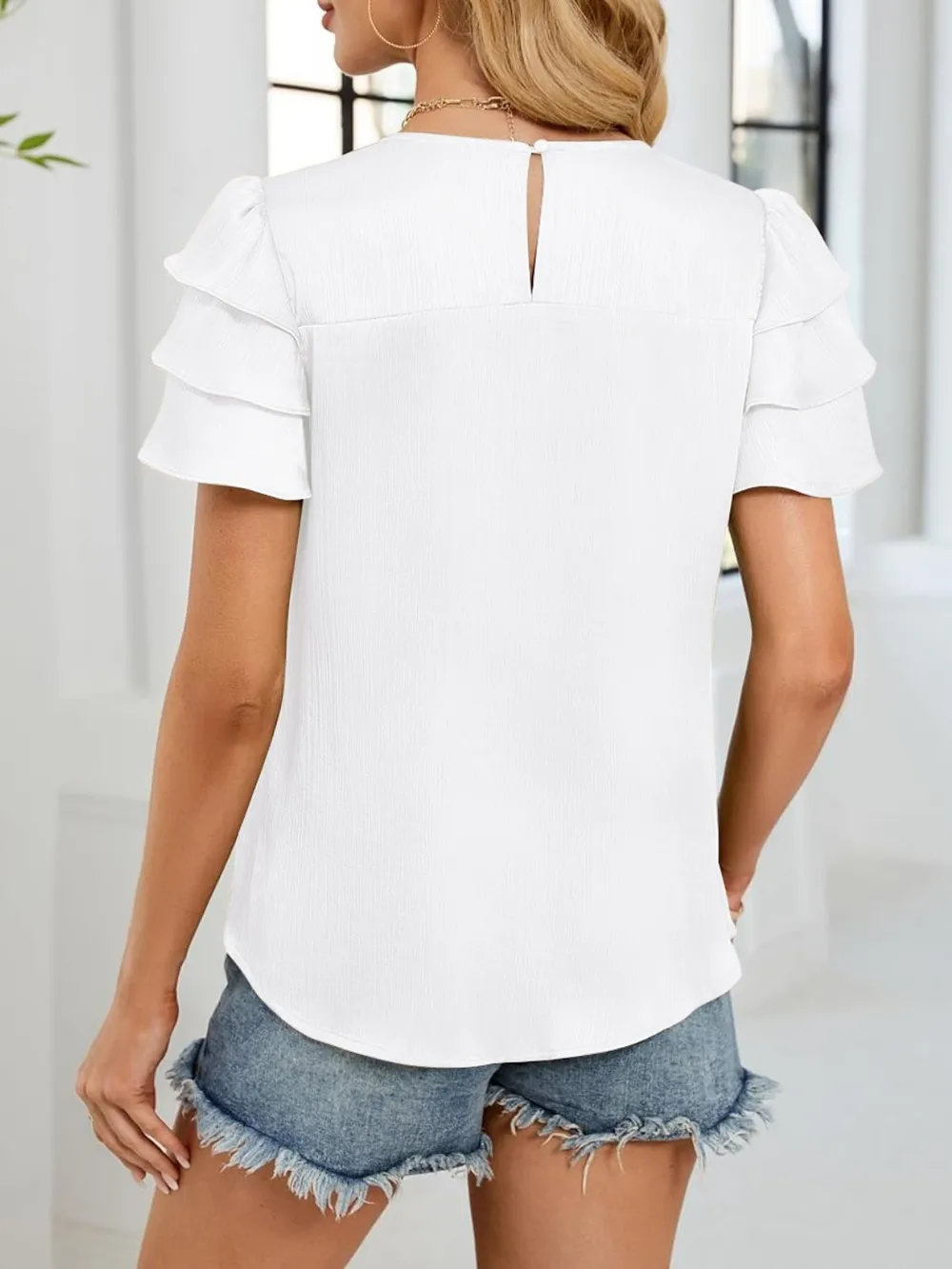 Smocked Round Neck Ruffled Layered Sleeve Blouse, image 18