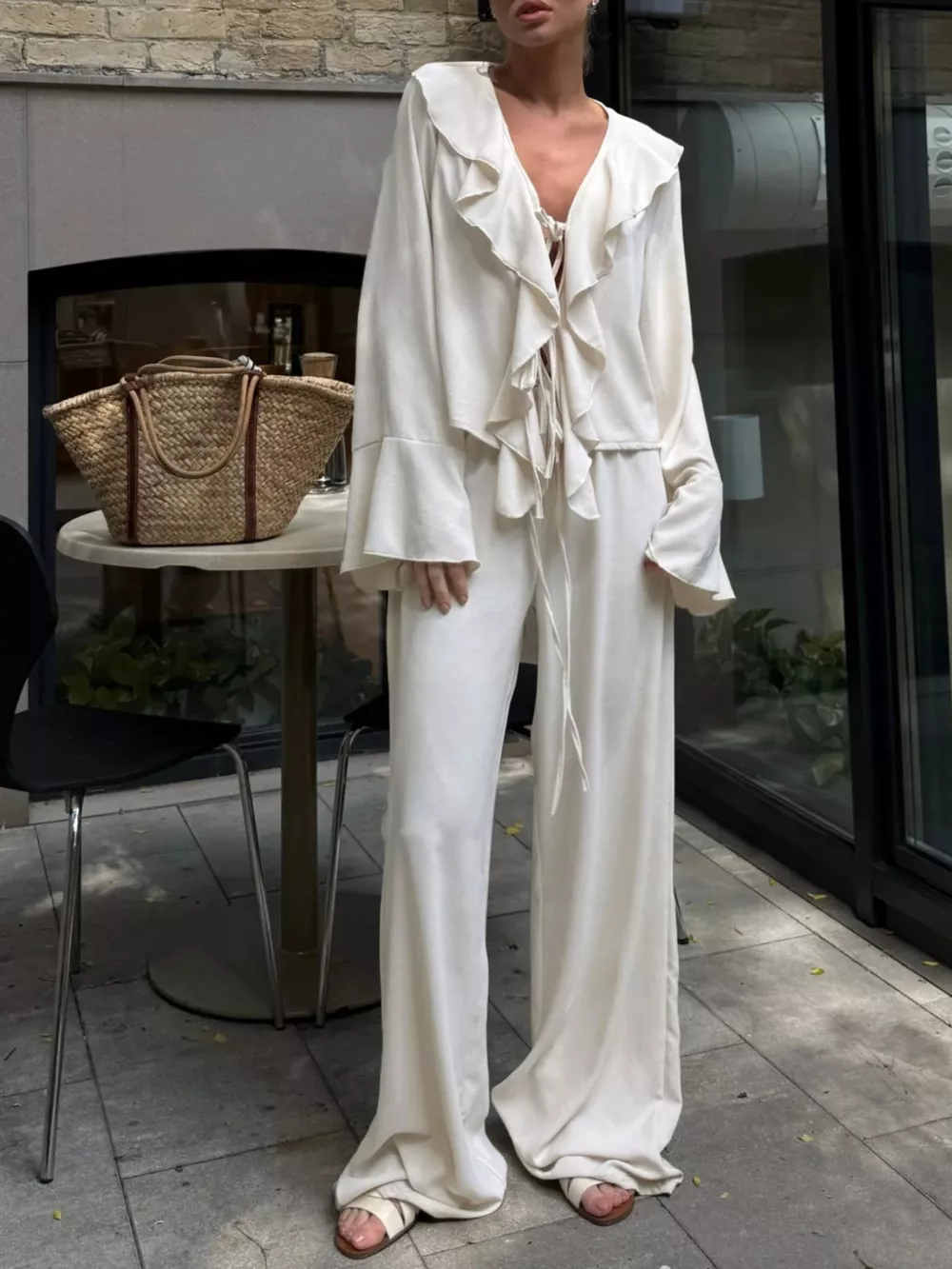 Ruffle Trim Tie Front Top and Pants Set, image 4