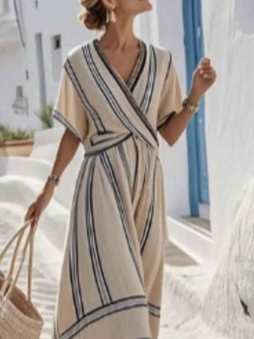 Full Size Striped Surplice Half Sleeve Midi Dress Plus Size, image 5