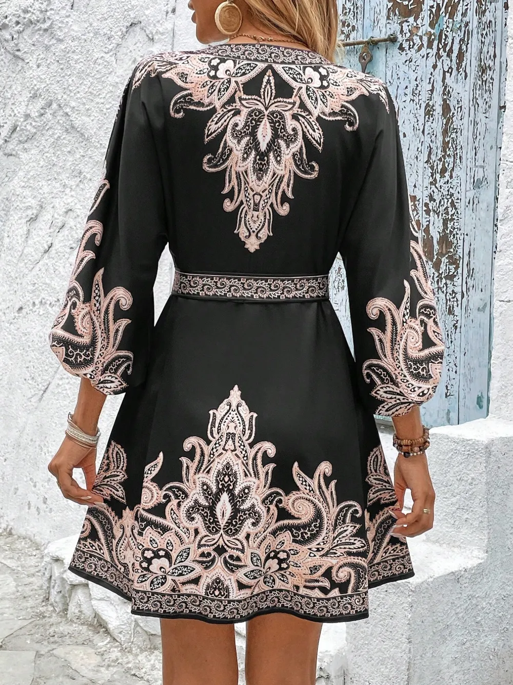 Printed V-Neck Balloon Sleeve Mini Dress, image 6