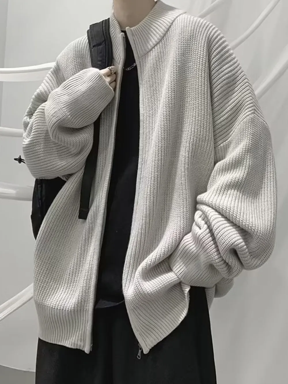 Men's Oversized Ribbed Zip-Up Sweater Cardigan, image 5