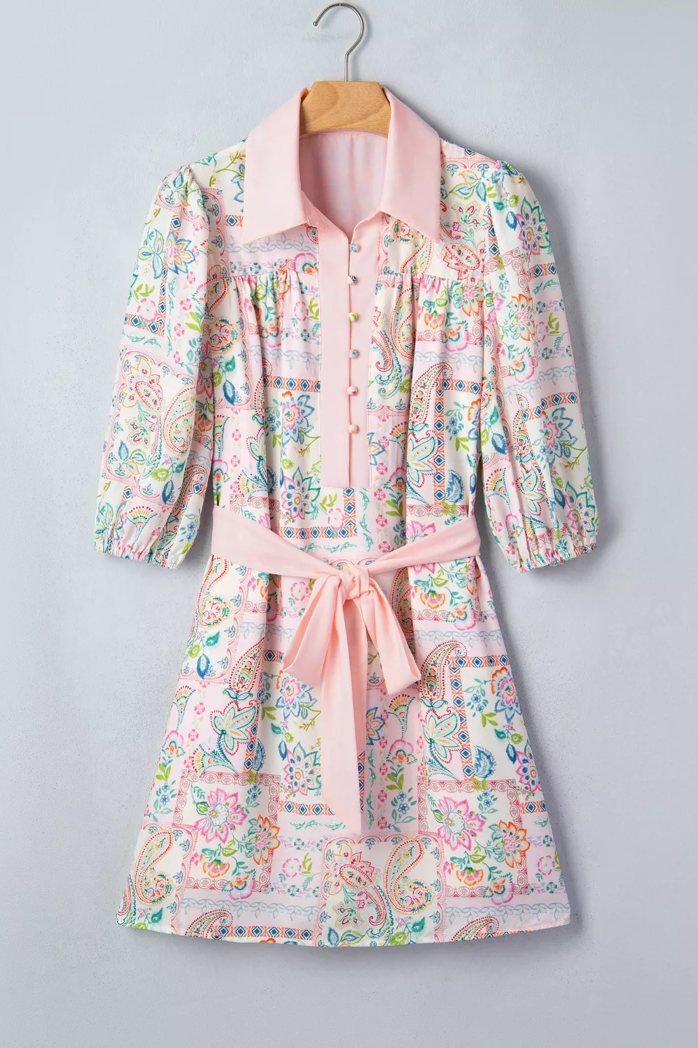 Floral Print Color Block Trim Half Button Belted Mini Dress, image 3