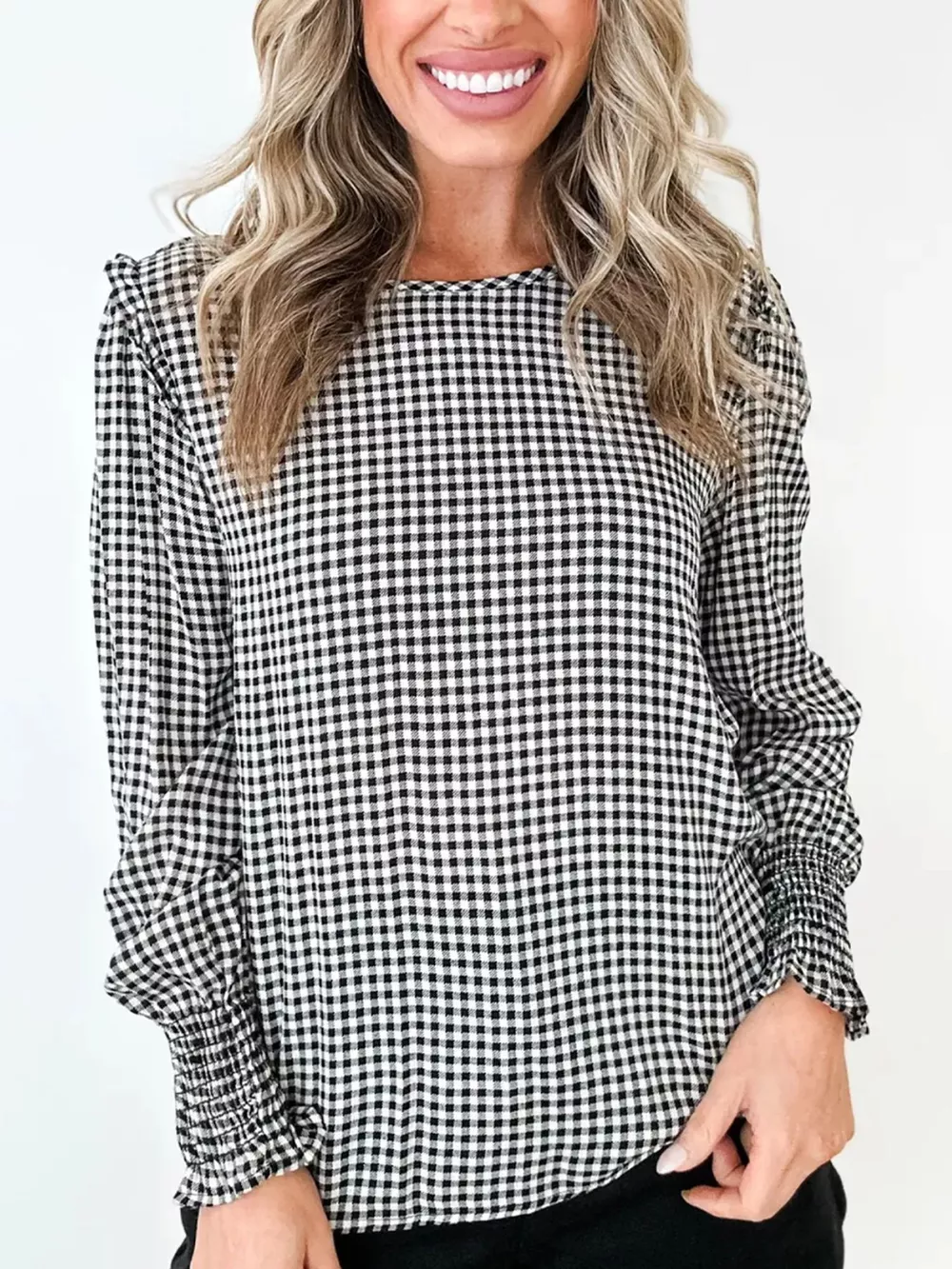 Plaid Shirred Cuff Long Sleeve Round Neck Blouse, image 2
