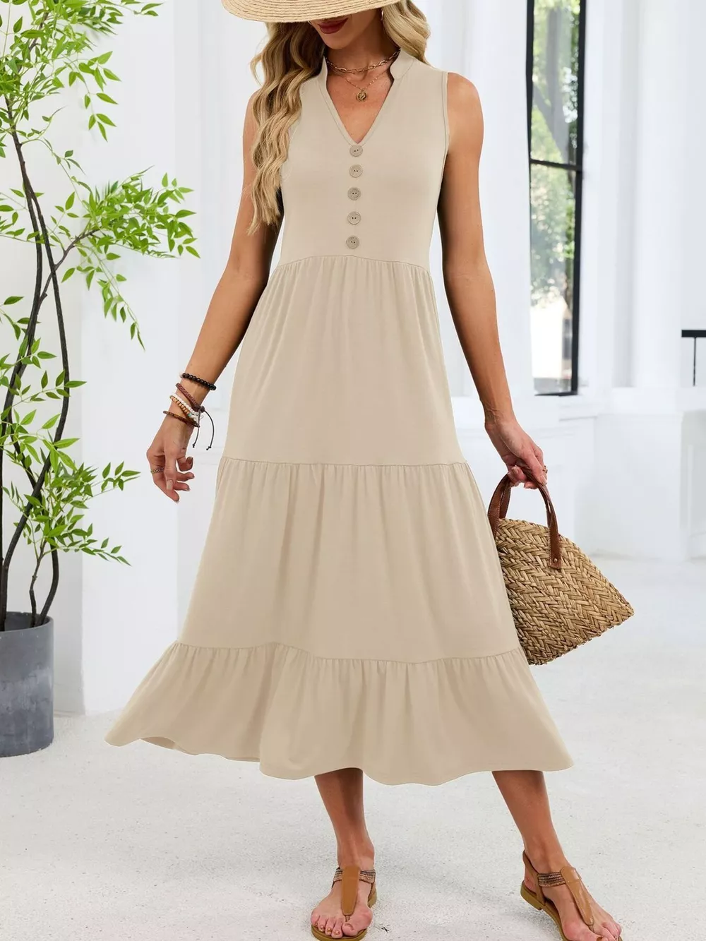 Sleeveless Notched Tiered Midi Dress, image 11