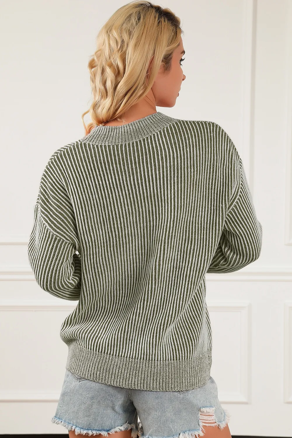 Striped Mock Neck Dropped Shoulder Sweater, image 5