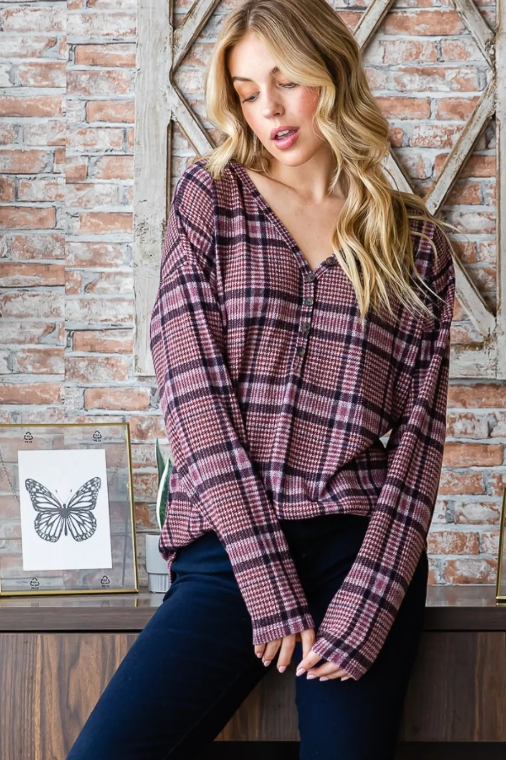 Full Size Plaid V-Neck Long Sleeve Top, image 5