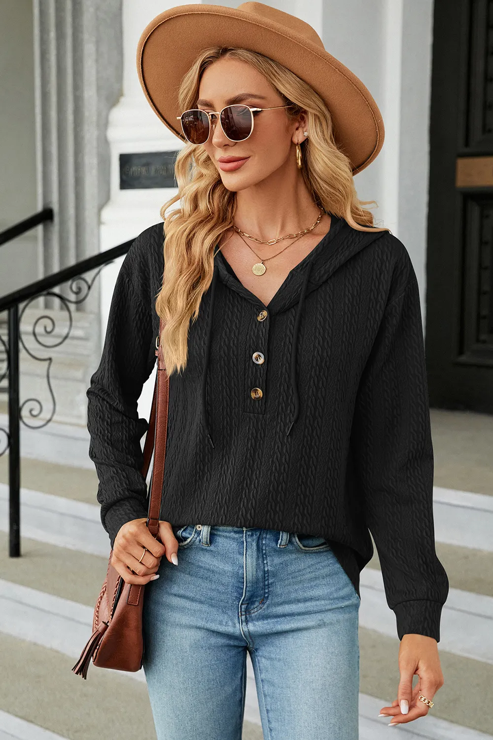 Drawstring Half Button Long Sleeve Hoodie, image 14
