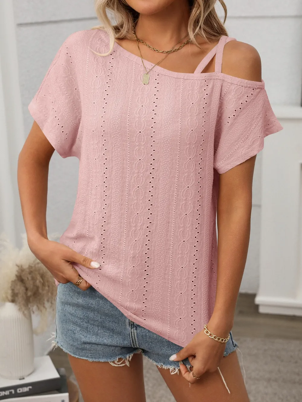 Eyelet Asymmetrical Shoulder Short Sleeve T-Shirt, image 17