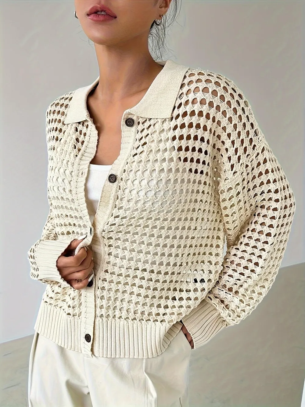 Hollow Out Knit Button Front Cardigan, image 3