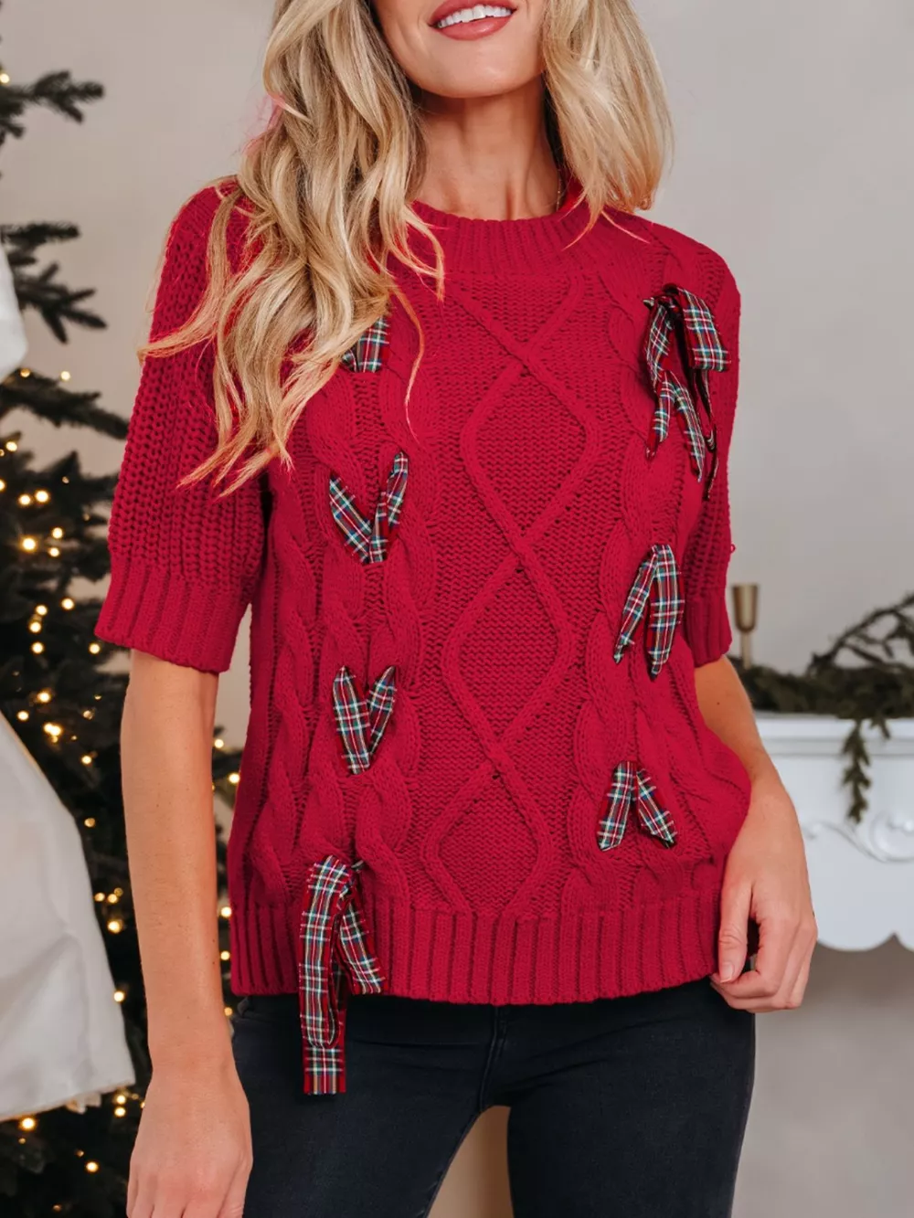 Plaid Lace Up Detail Christmas Holiday Puff Short Sleeve Sweater