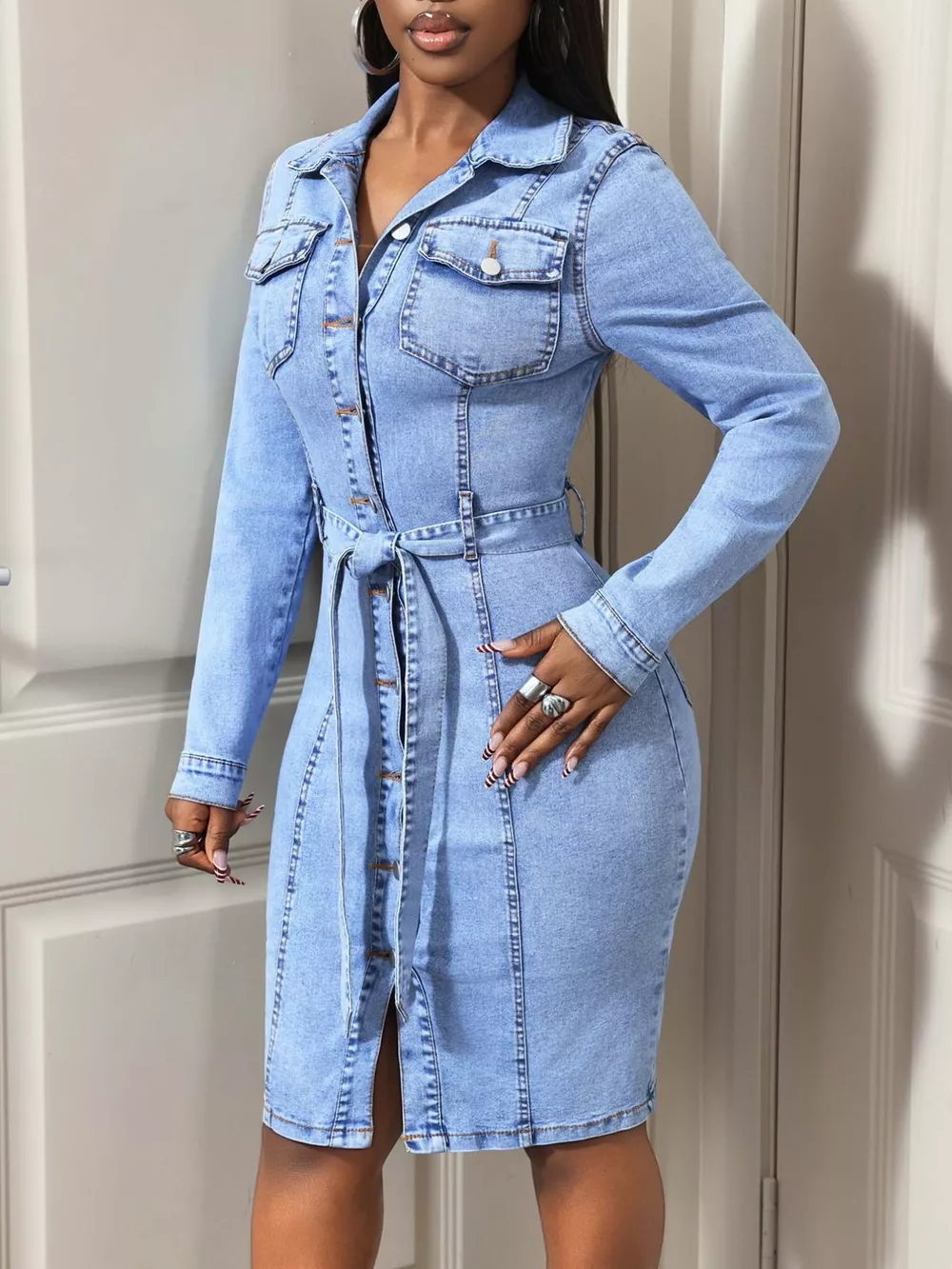 Button-Down Tie Waist Denim Dress, image 3