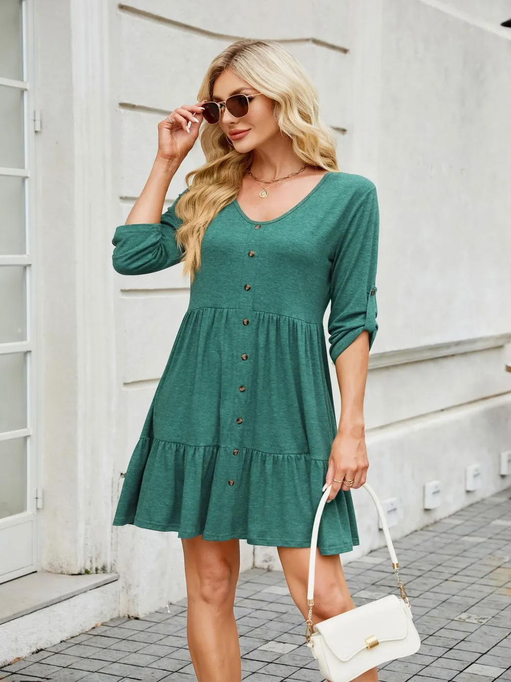 Tiered Ruched V-Neck Mini Dress, image 3