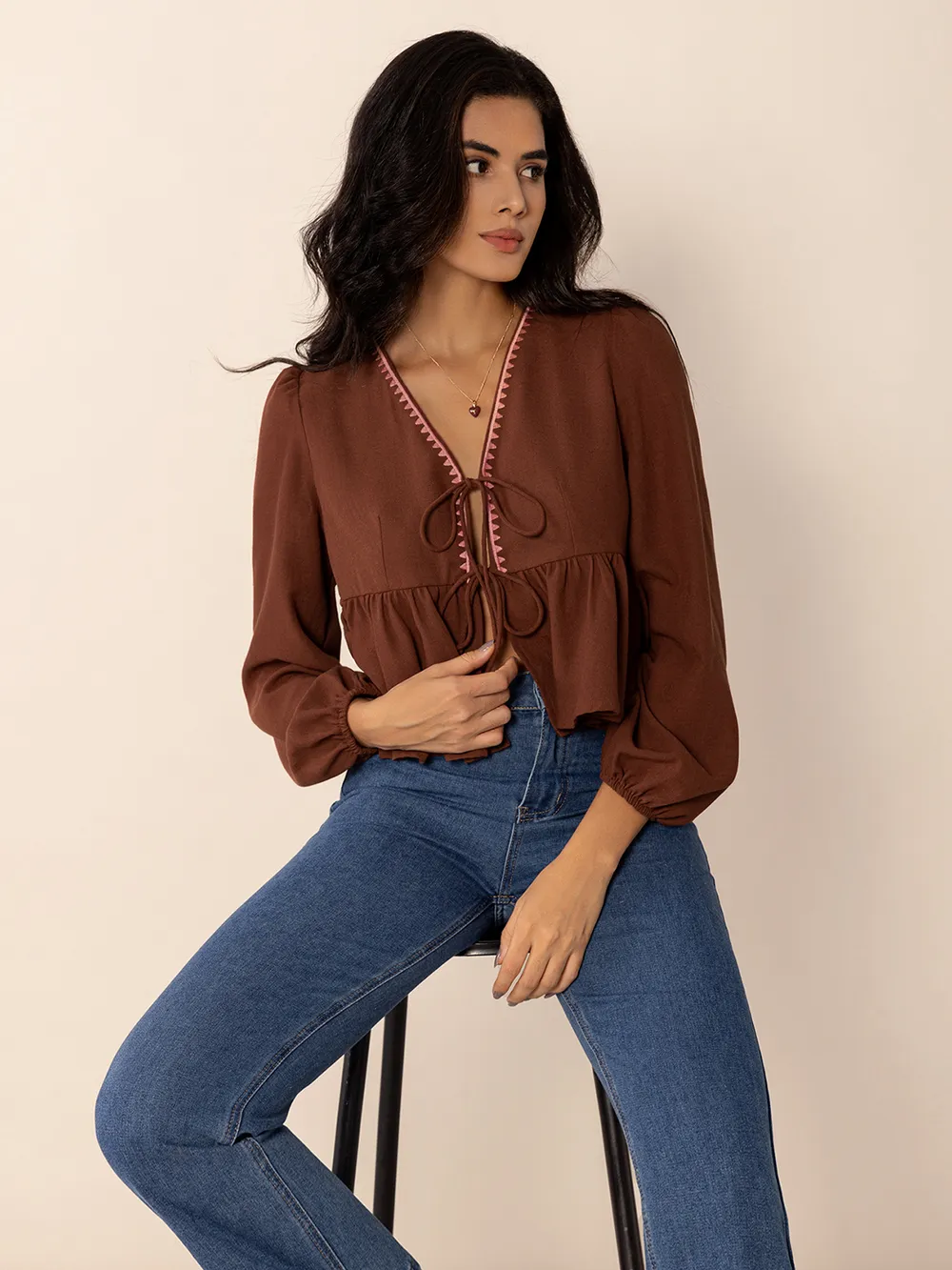 Peplum Tied V-Neck Long Sleeve Blouse, image 3
